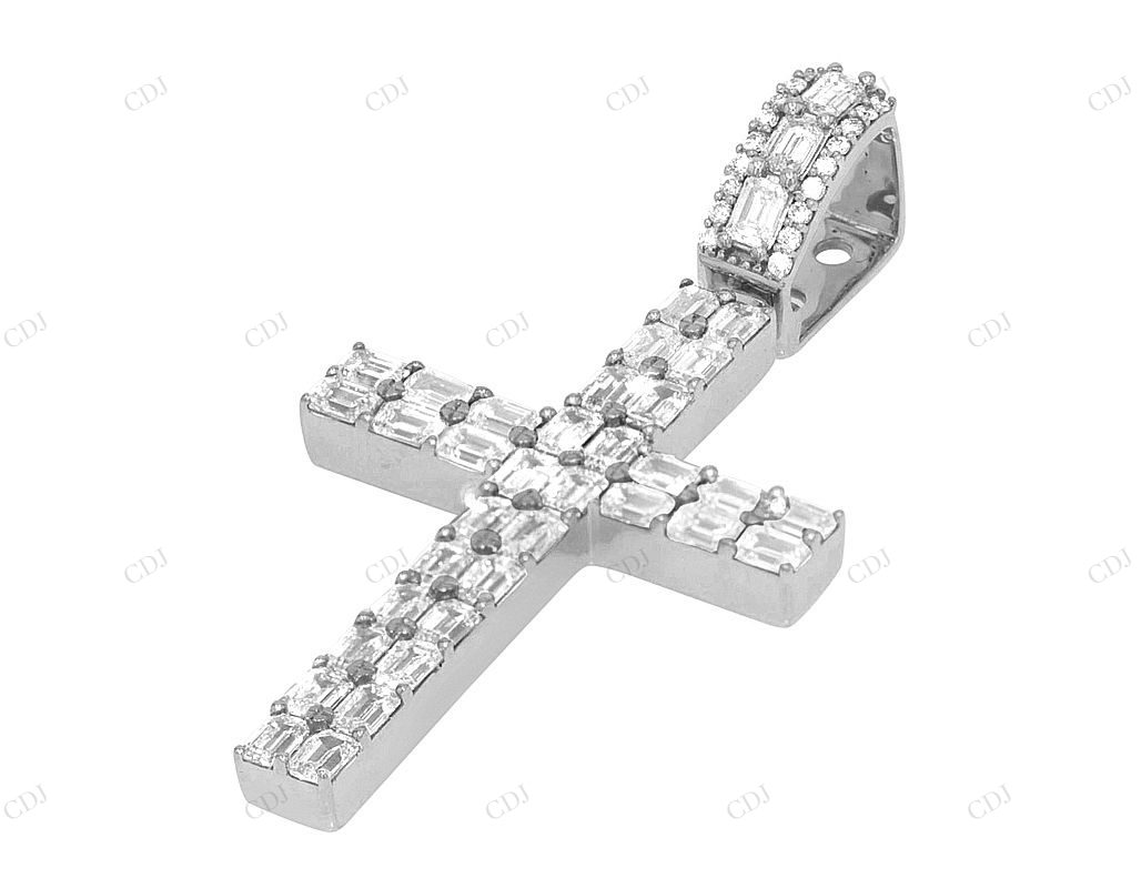 Two Row Emerald Cut Lab Grown Diamond 10K Gold Cross Pendant Hip Hop Pendent CustomDiamJewel