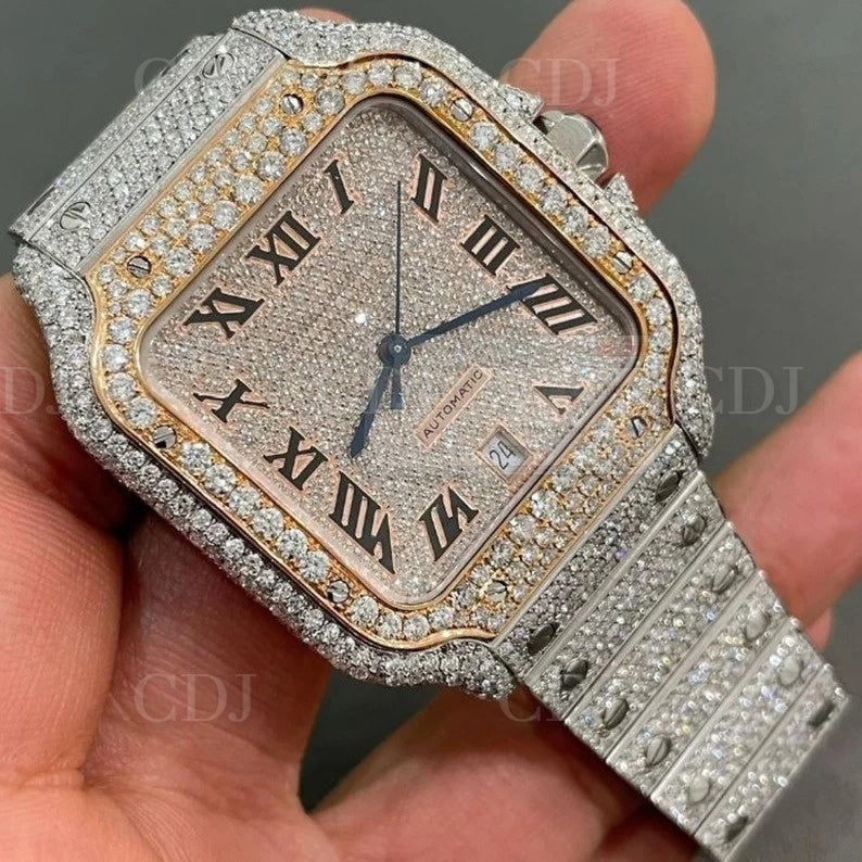 Yellow Gold Plated Moissanite Studded Watch customdiamjewel