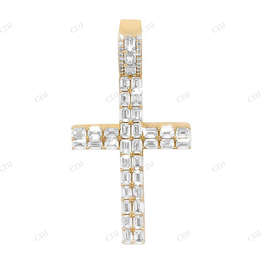 Two Row Emerald Cut Lab Grown Diamond 10K Gold Cross Pendant Hip Hop Pendent CustomDiamJewel