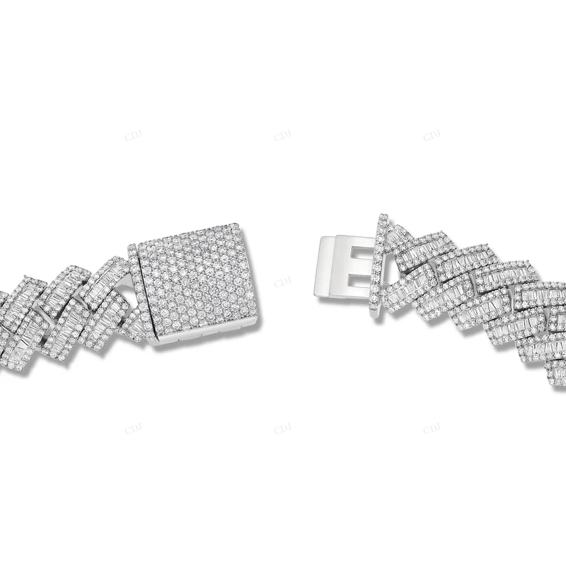 Round & Baguette Moissanite White Gold Cuban Link Bracelet CustomDiamJewel