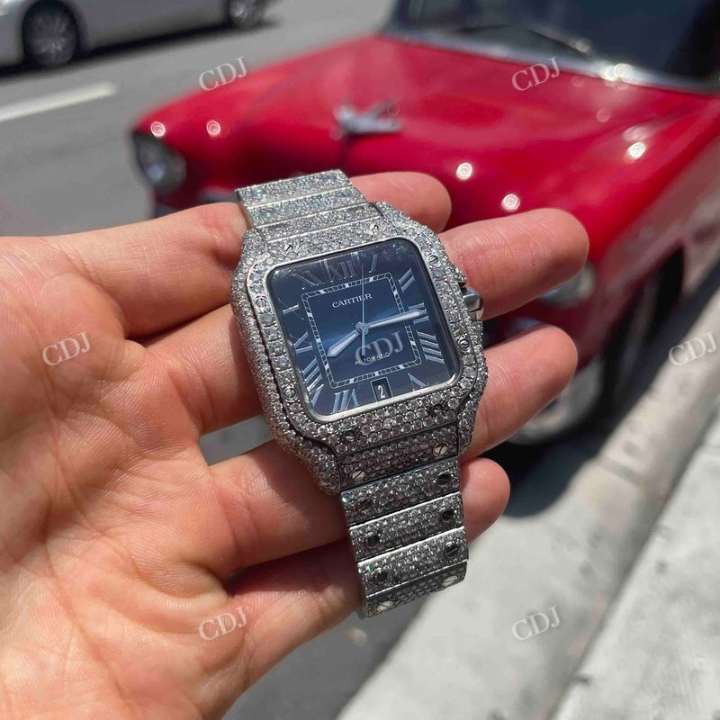 Iced Out Bust Down Blue Face VVS Moissanite Cartier Santos Watch customdiamjewel
