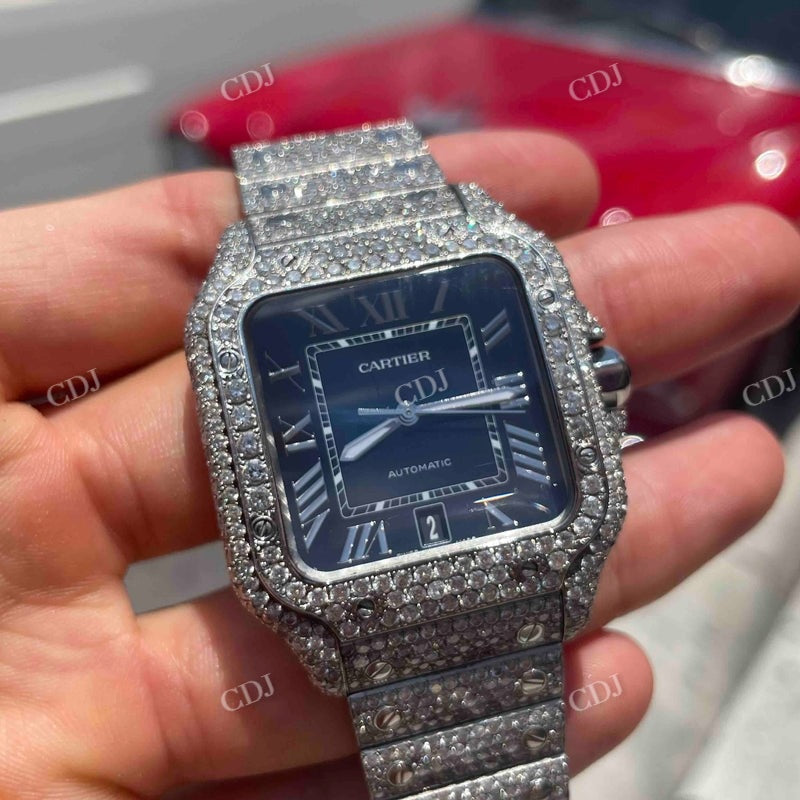 Iced Out Bust Down Blue Face VVS Moissanite Cartier Santos Watch customdiamjewel