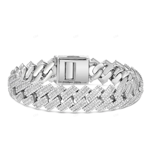 Round & Baguette Moissanite White Gold Cuban Link Bracelet CustomDiamJewel