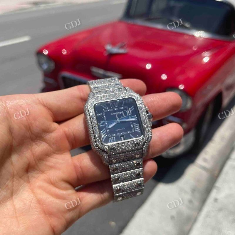 Iced Out Bust Down Blue Face VVS Moissanite Cartier Santos Watch customdiamjewel