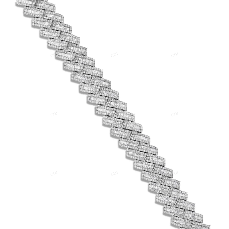 Round & Baguette Moissanite White Gold Cuban Link Bracelet CustomDiamJewel