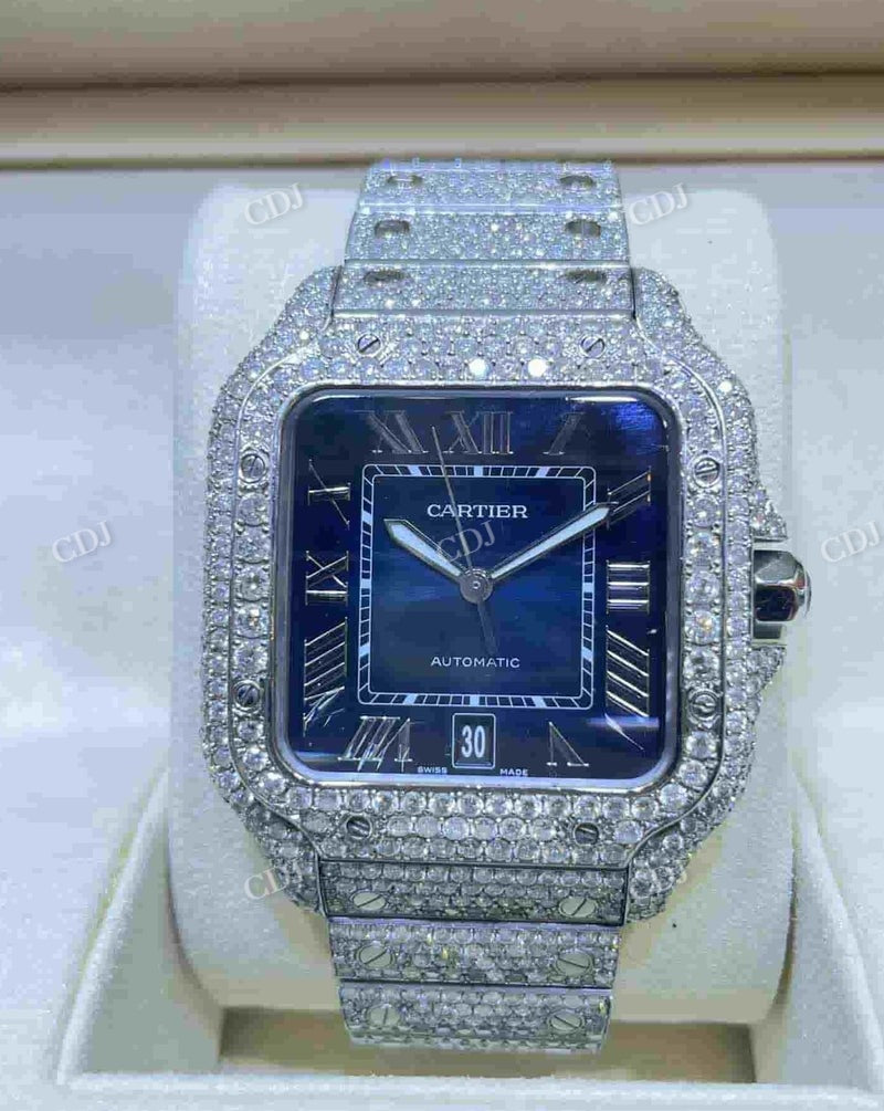 Iced Out Bust Down Blue Face VVS Moissanite Cartier Santos Watch customdiamjewel