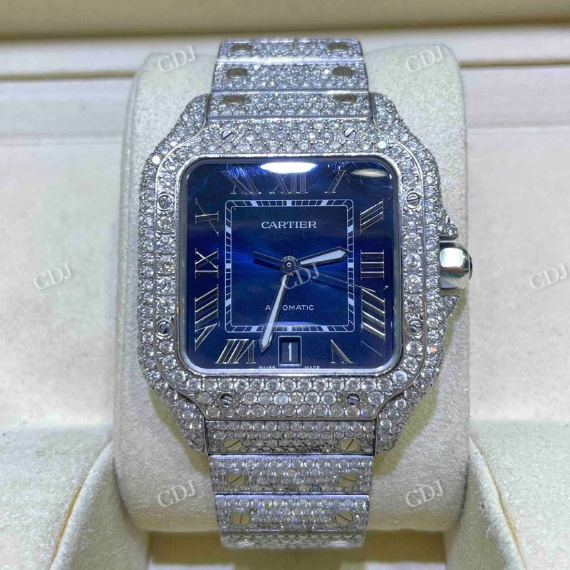 Iced Out Bust Down Blue Face VVS Moissanite Cartier Santos Watch customdiamjewel