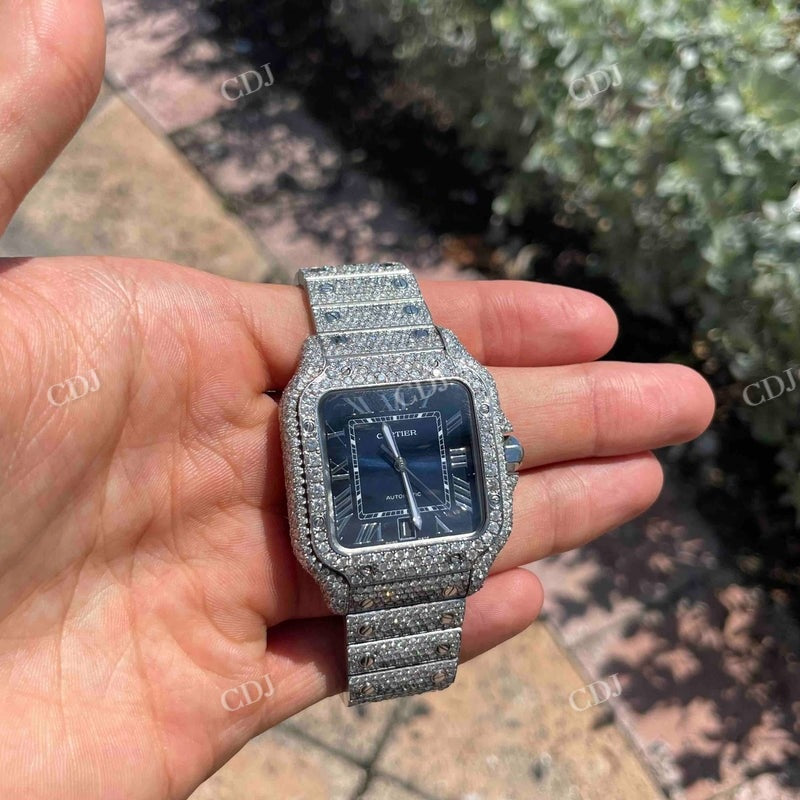 Iced Out Bust Down Blue Face VVS Moissanite Cartier Santos Watch customdiamjewel