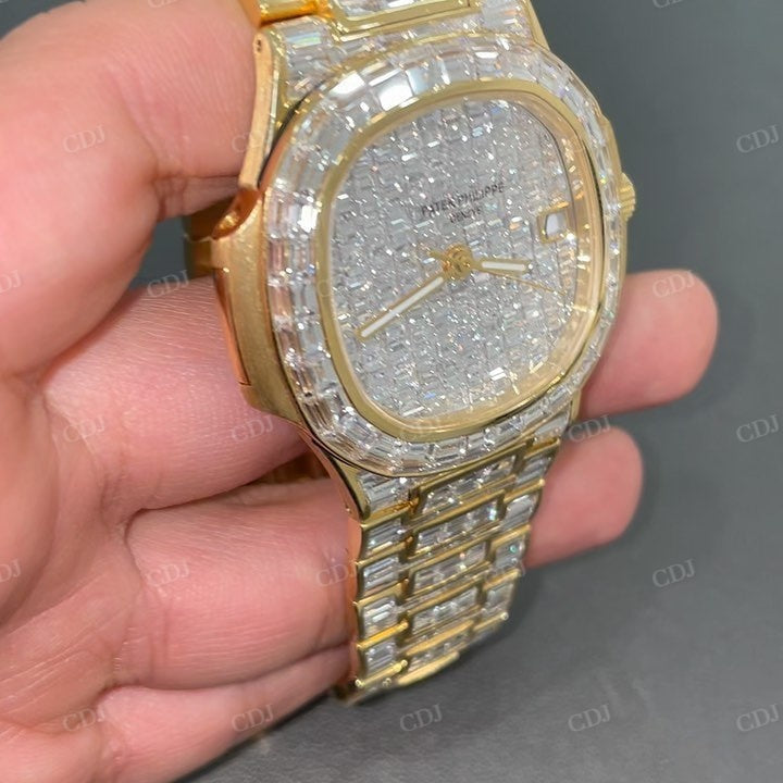 Hip Hop Iced Out Patek Philippe Custom Baguette Cut Diamond Wrist Watch customdiamjewel