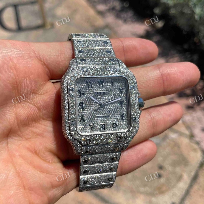 Full White Cartier Santos Arabic Dial Lab Gown Diamond Watches customdiamjewel