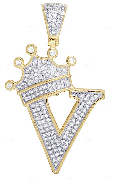 1.6" 0.50 CTW 10K Gold Natural Diamond Crown Initial "V" Pendant CustomDiamJewel