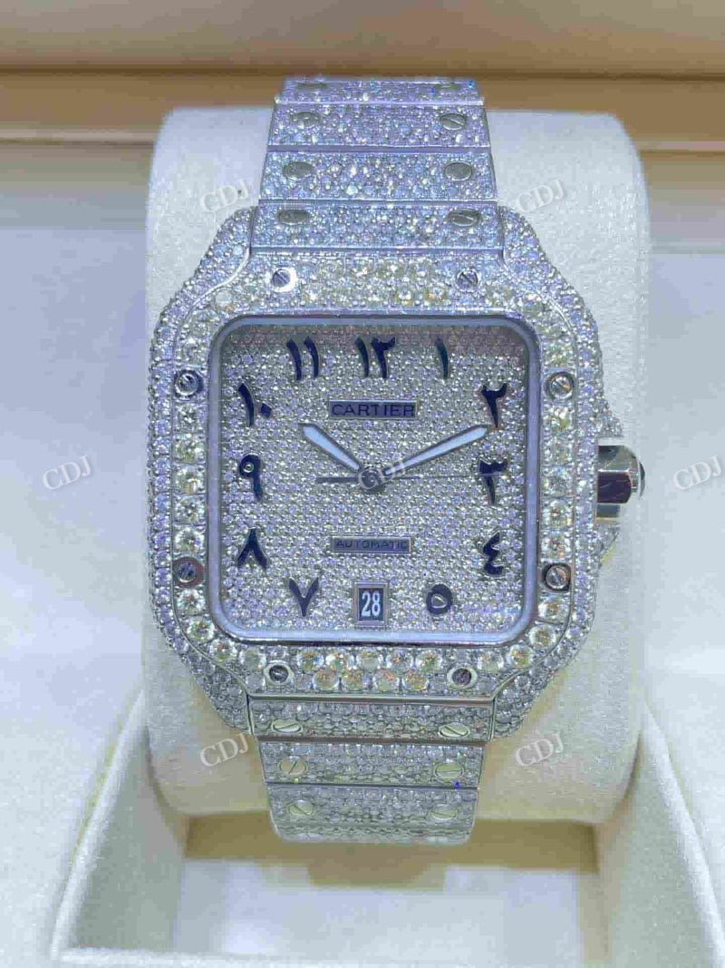 Full White Cartier Santos Arabic Dial Lab Gown Diamond Watches customdiamjewel