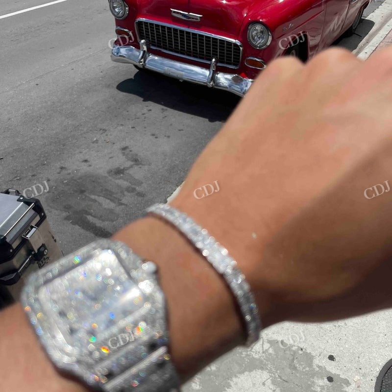 Full White Cartier Santos Arabic Dial Lab Gown Diamond Watches customdiamjewel