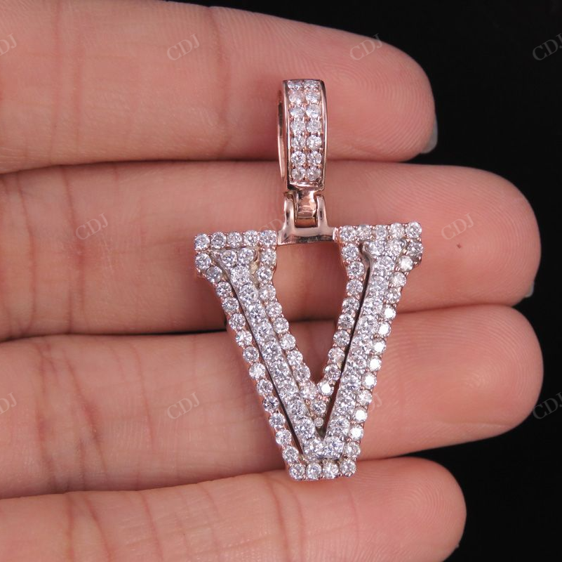 1.5" 1.75 CTW 18K Gold Real Diamond Custom 3D Initial 'V' Letter Pendant CustomDiamJewel