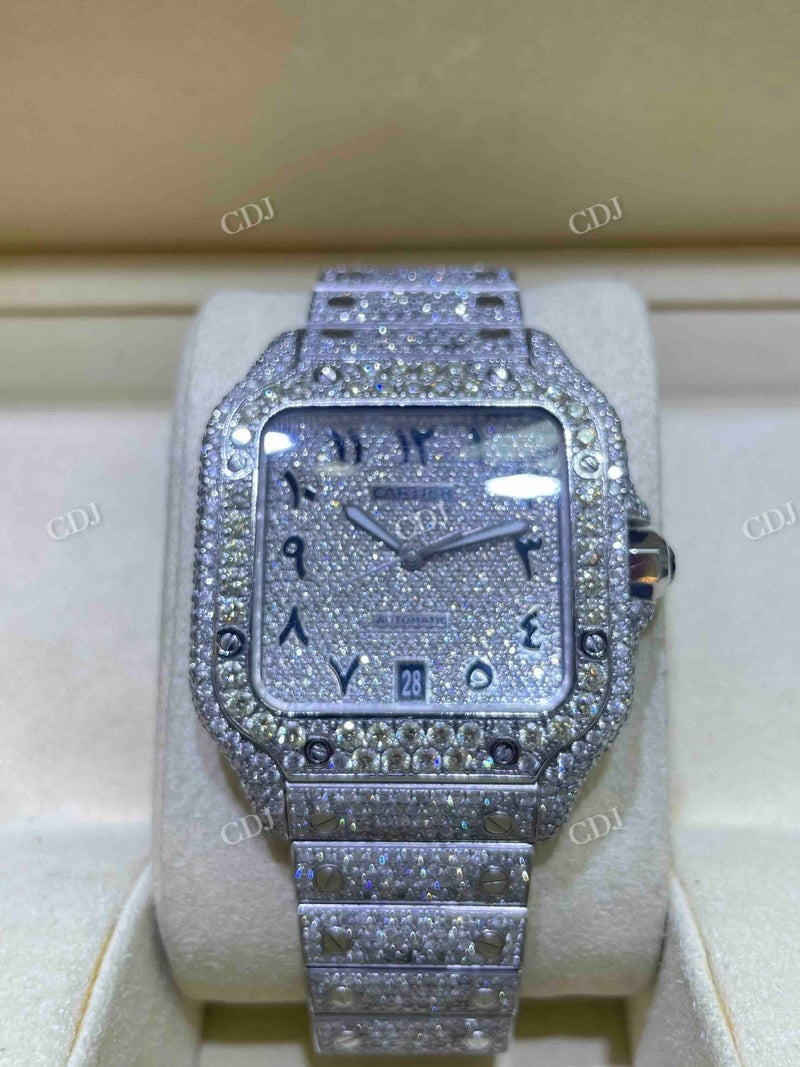 Full White Cartier Santos Arabic Dial Lab Gown Diamond Watches customdiamjewel
