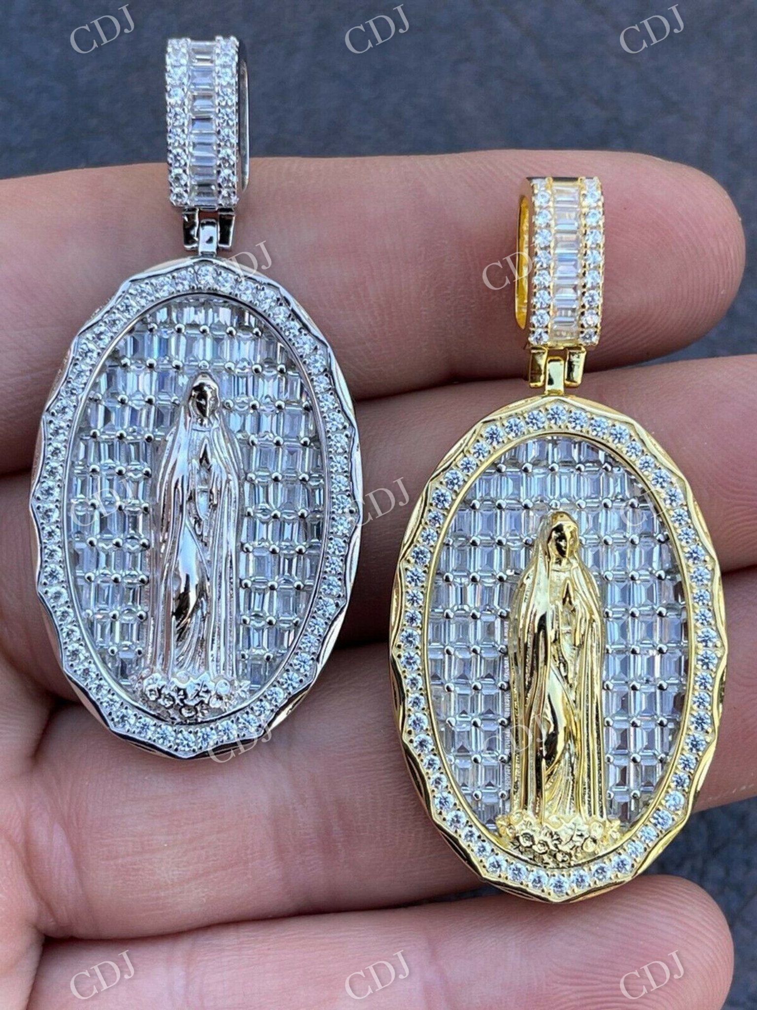 Virgin Mary Iced Baguette Diamond Pendant  customdiamjewel   