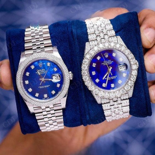 Top Quality Hip Hop Blue Dial Date Just Full Iced Out Moissanite Rolex Watch customdiamjewel