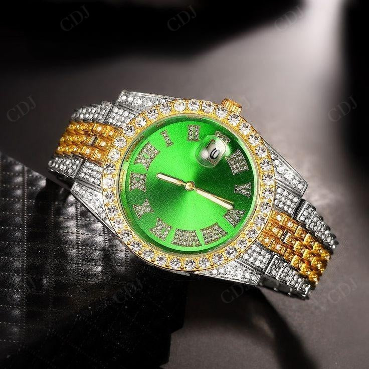 Luxury Time Piece Iced out Green Dial Roman Rolex Jubilee customdiamjewel
