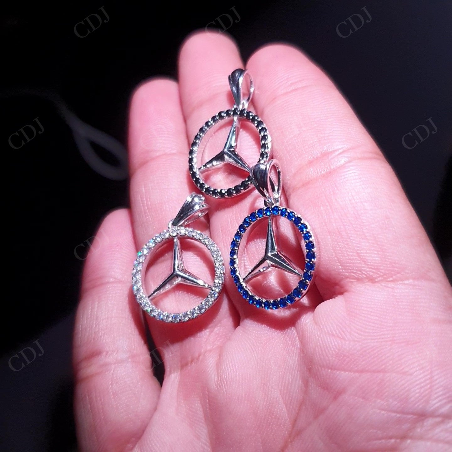 Black & White Moissanite & Blue Sapphire Benz Symbol Silver Pendant hip hop jewelry customdiamjewel   