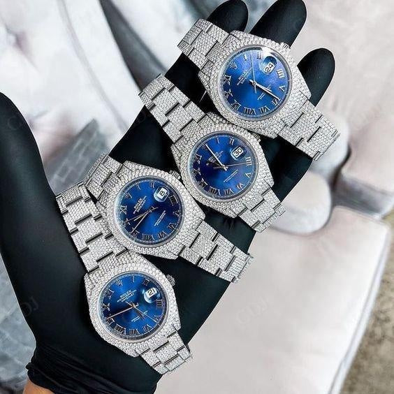 Top Quality Hip Hop Blue Dial Date Just Full Iced Out Moissanite Rolex Watch customdiamjewel