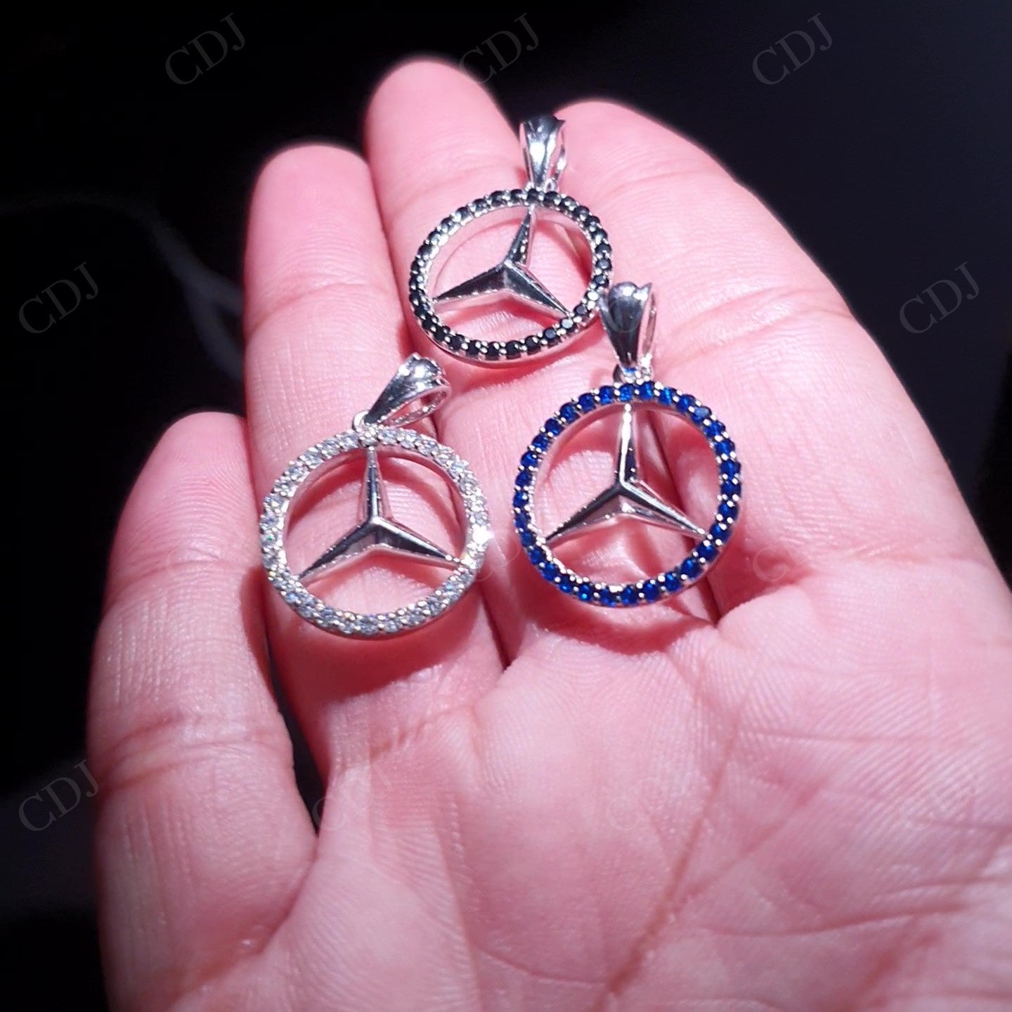 Black & White Moissanite & Blue Sapphire Benz Symbol Silver Pendant hip hop jewelry customdiamjewel   