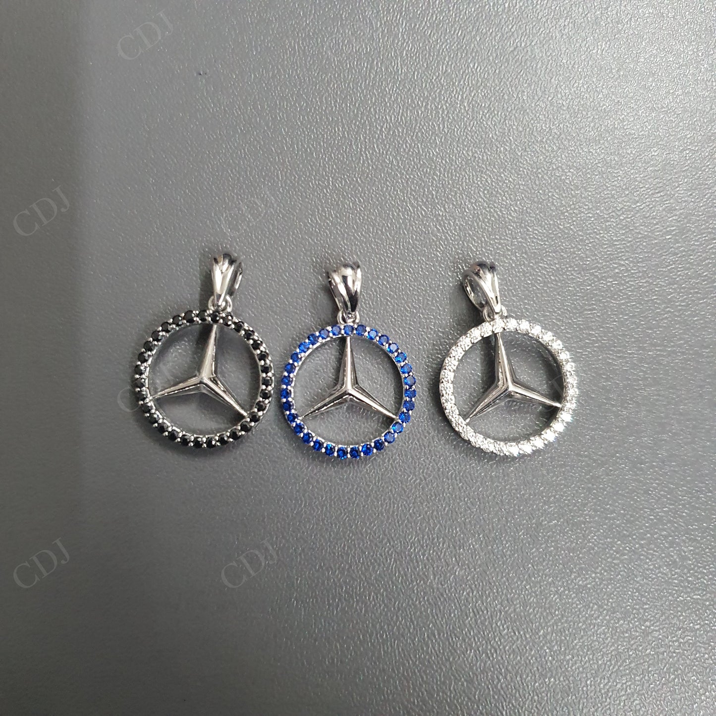 Black & White Moissanite & Blue Sapphire Benz Symbol Silver Pendant