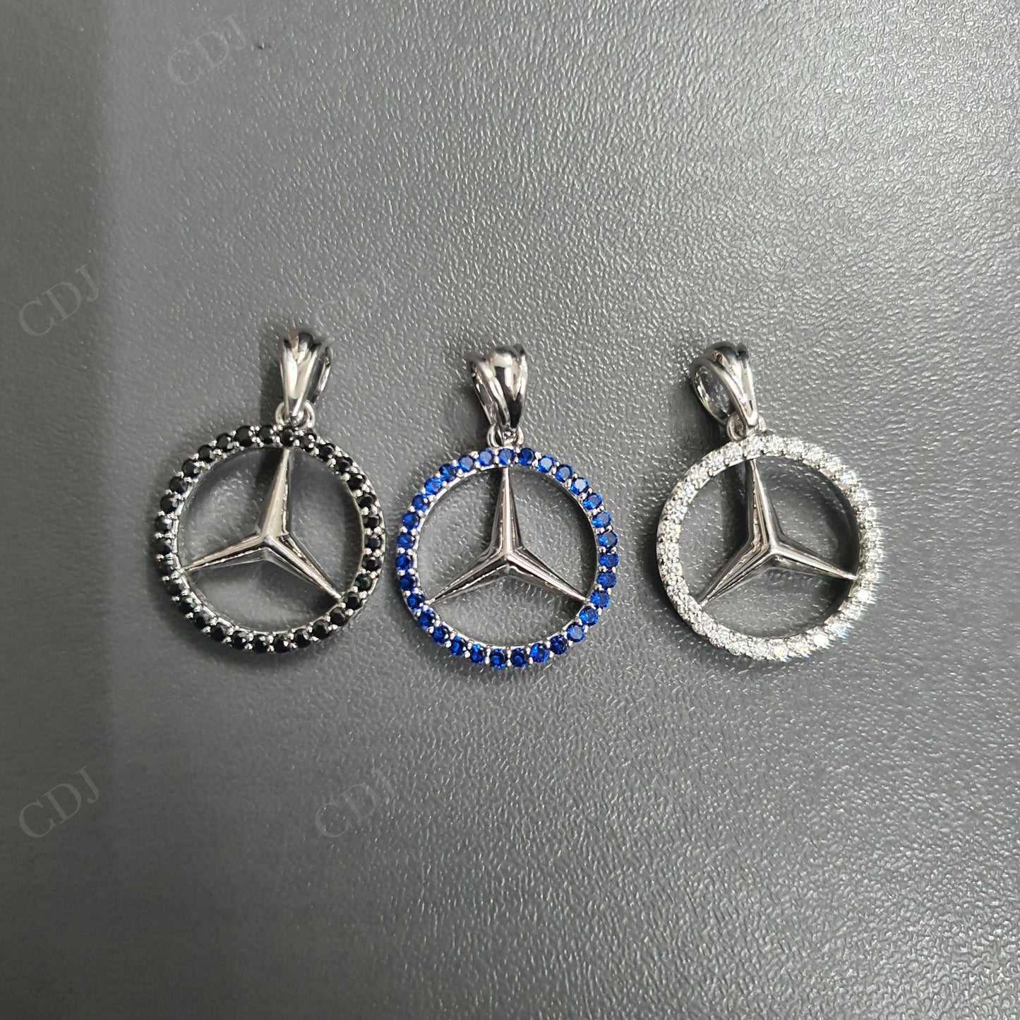 Black & White Moissanite & Blue Sapphire Benz Symbol Silver Pendant