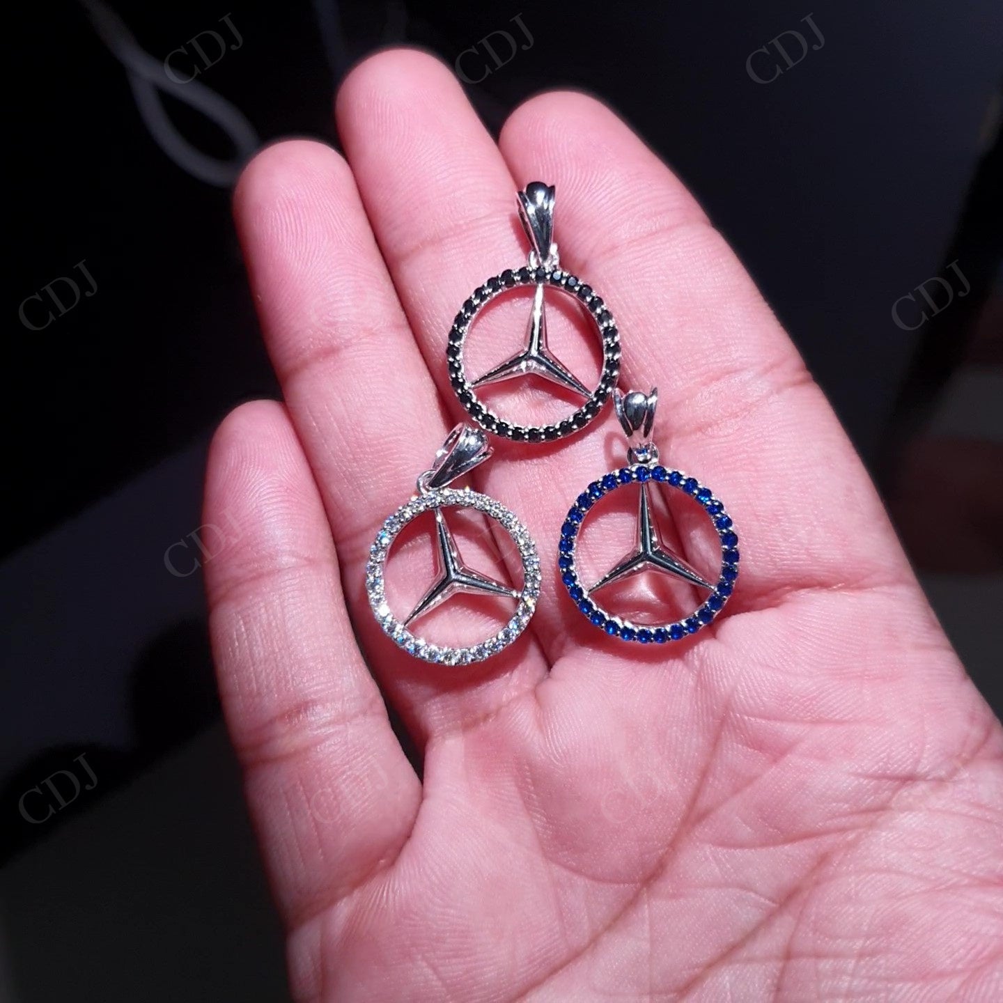 Black & White Moissanite & Blue Sapphire Benz Symbol Silver Pendant hip hop jewelry customdiamjewel   