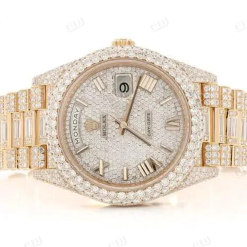 Fully Iced Out Lab Grown Diamond Yellow Gold Plated Wrist Watch Stainless Steel Watch