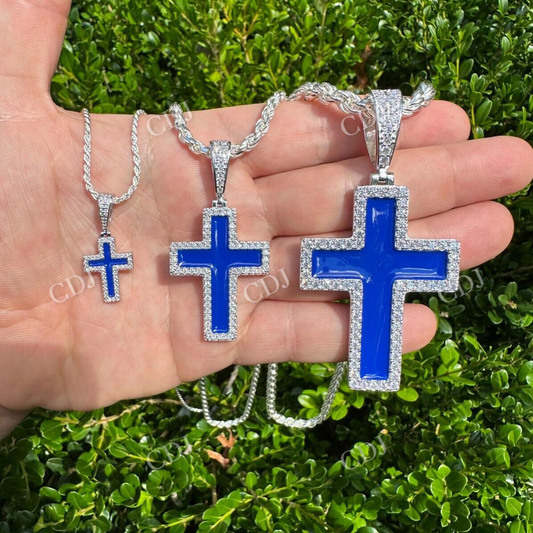 Round Diamond Cross Navy Blue Pendant  customdiamjewel   