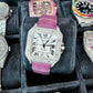 Pink Belt Diamond Bezel Cartier Santos Moissanite Watch customdiamjewel