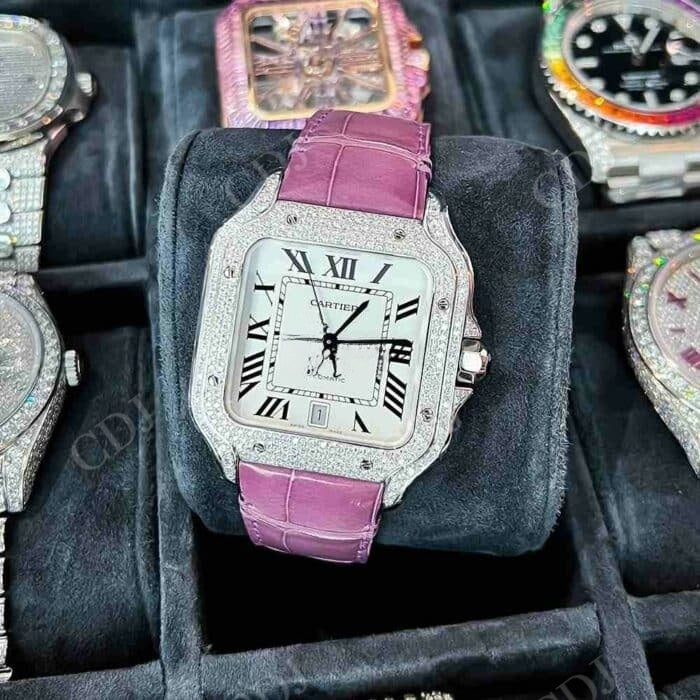 Pink Belt Diamond Bezel Cartier Santos Moissanite Watch customdiamjewel