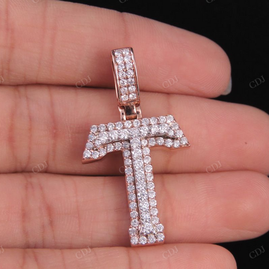 1.5" 1.25 CTW Two Tone Gold Natural Diamond Custom Initial 'T' Letter Pendant CustomDiamJewel