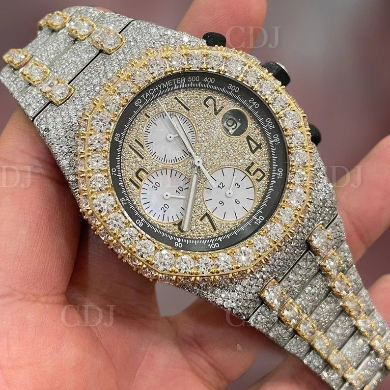Yellow White AP Chrono Modified Moissanite Studded watch customdiamjewel