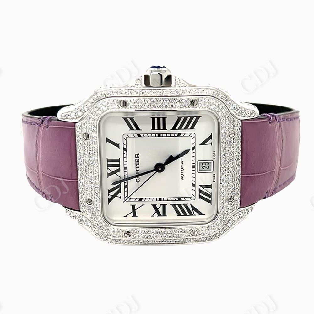 Pink Belt Diamond Bezel Cartier Santos Moissanite Watch customdiamjewel