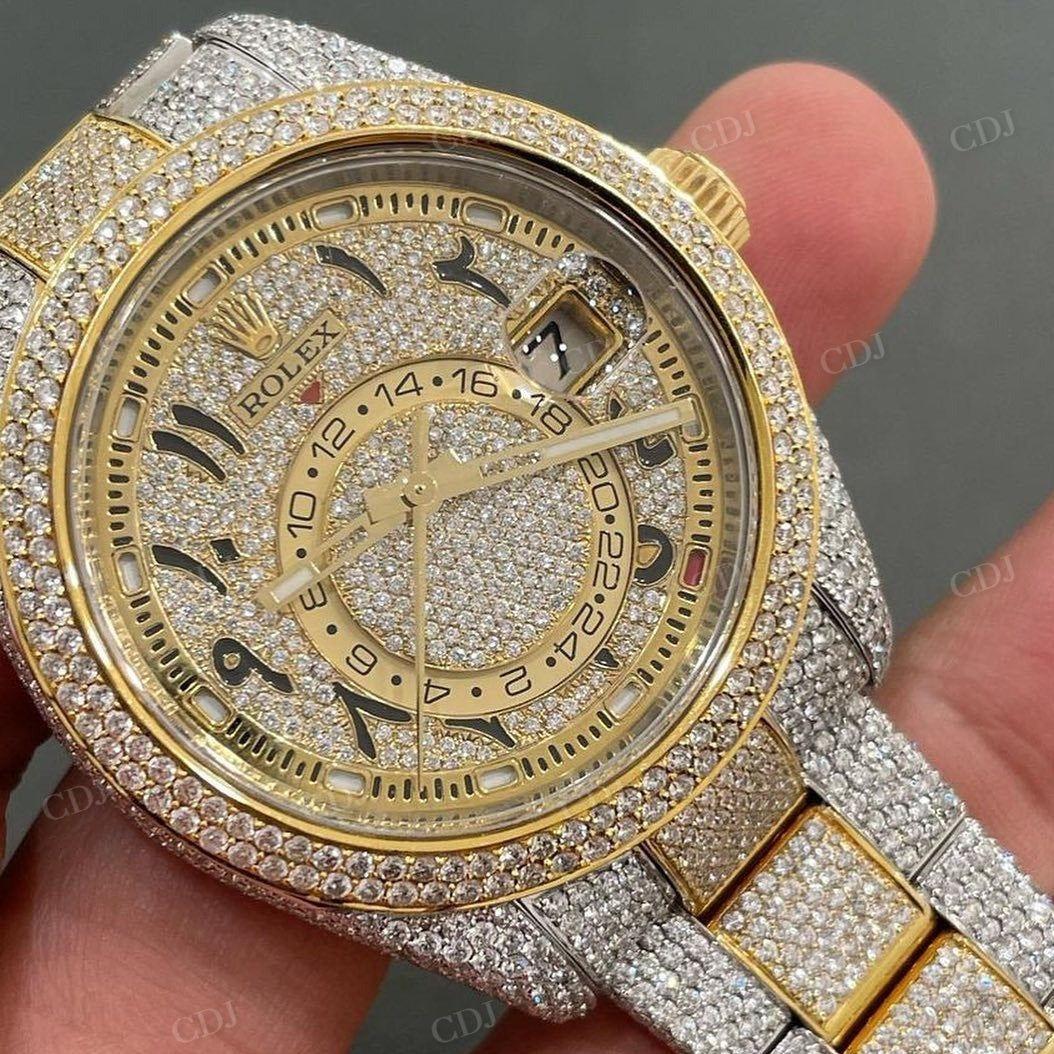 Yellow White Plated Arabic Dial Sky Dweller Iced Out Rolex Oyster Wrist Watch customdiamjewel
