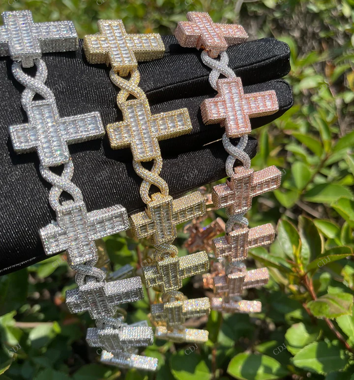 VVS Moissanite Silver Cross Infinity Link Chain for Mens CustomDiamJewel