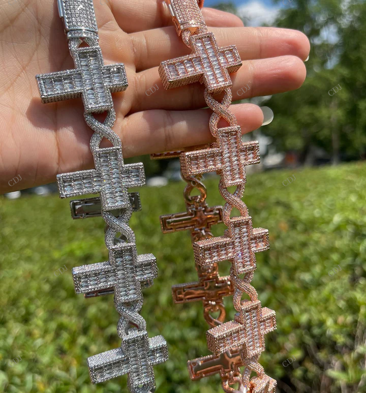 VVS Moissanite Silver Cross Infinity Link Chain for Mens CustomDiamJewel