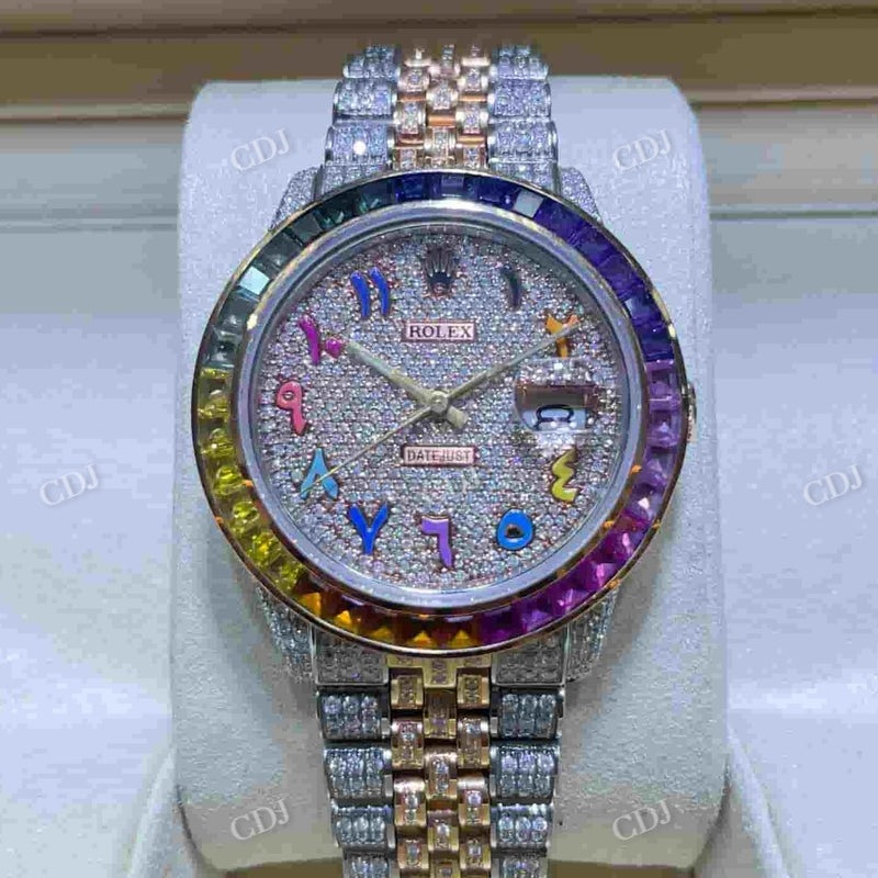 36mm Bust Down Rolex Jubilee Rainbow Digit Moissanite Watch For Women customdiamjewel