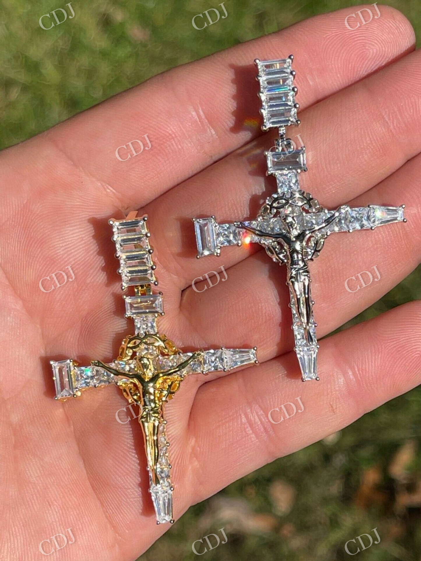 925 Silver Baguette Diamond Jesus Cross Pendant  customdiamjewel   