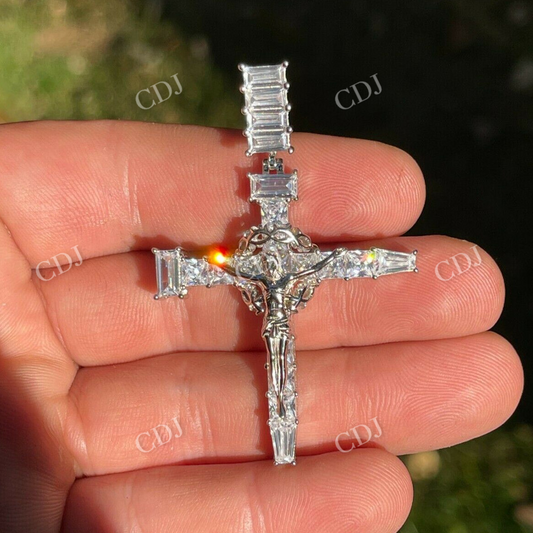 925 Silver Baguette Diamond Jesus Cross Pendant  customdiamjewel   