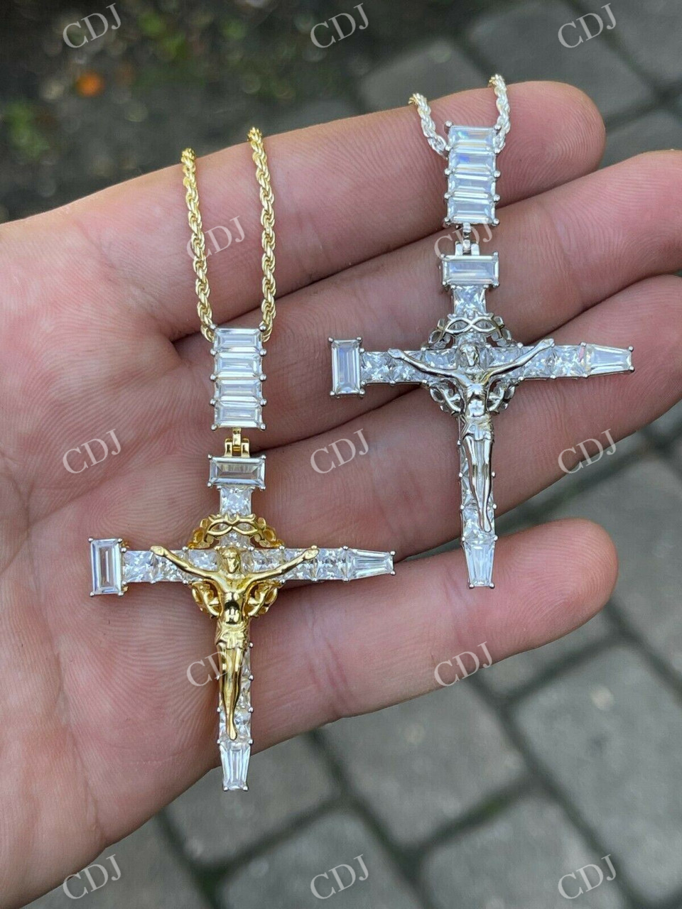 925 Silver Baguette Diamond Jesus Cross Pendant  customdiamjewel   