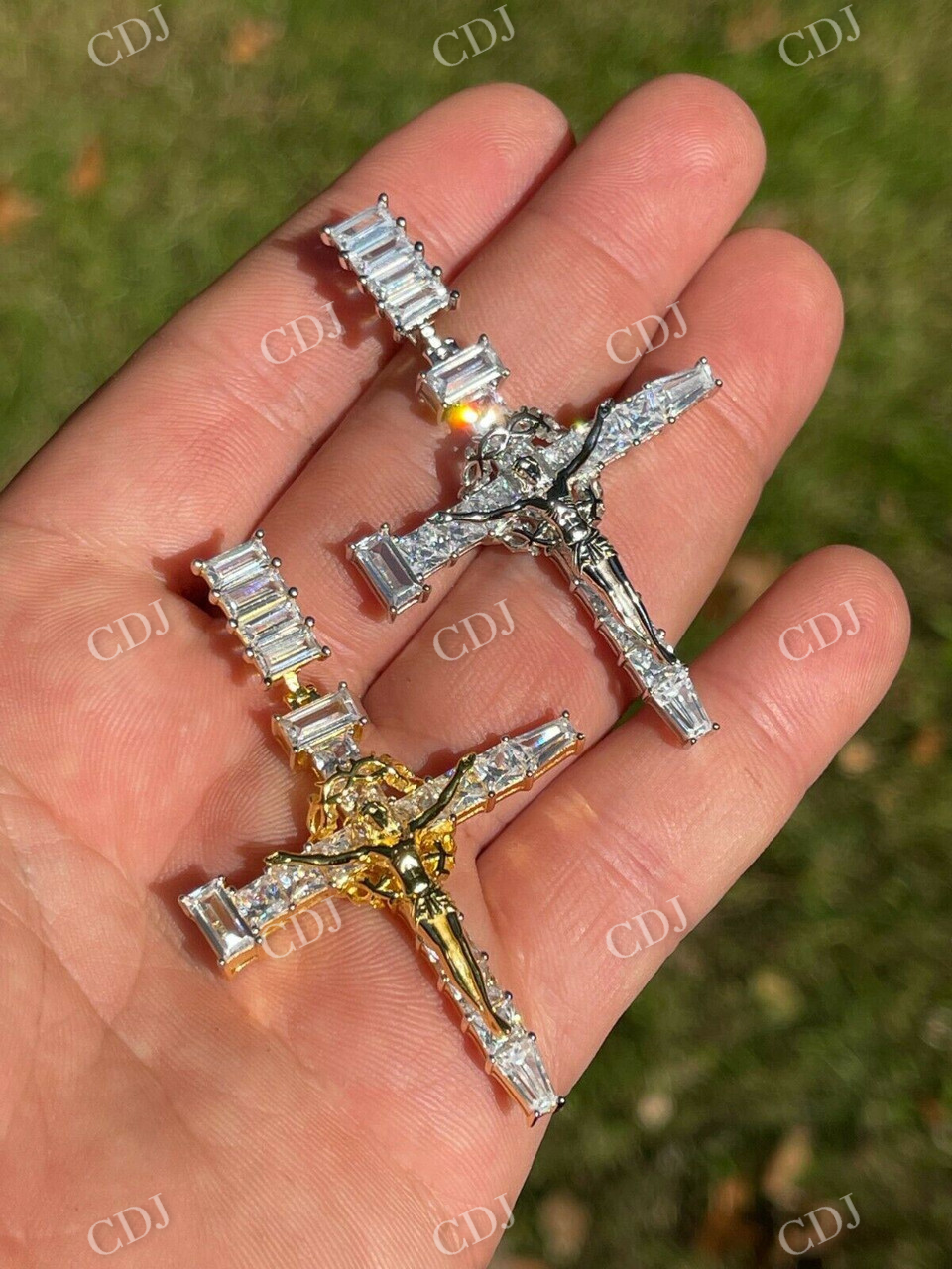 925 Silver Baguette Diamond Jesus Cross Pendant  customdiamjewel   
