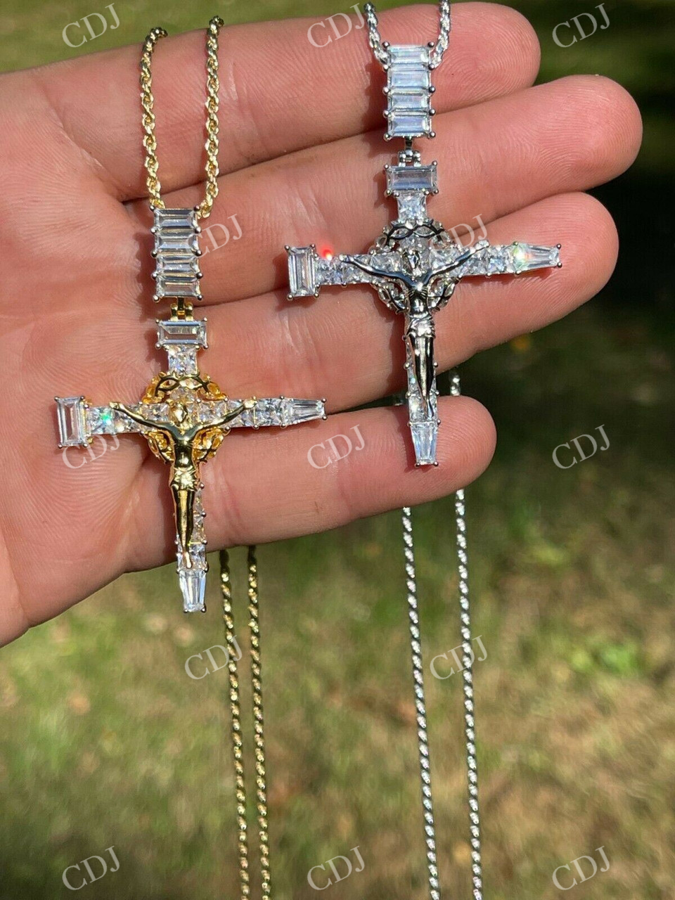 925 Silver Baguette Diamond Jesus Cross Pendant  customdiamjewel   