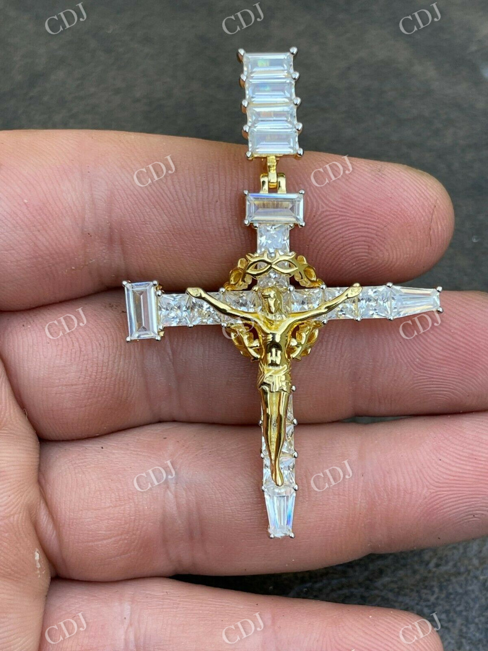 925 Silver Baguette Diamond Jesus Cross Pendant  customdiamjewel   