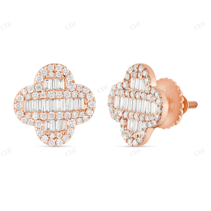 0.85 CTW Baguette & Round Diamond Clover Stud Earrings Stud earrings CustomDiamJewel