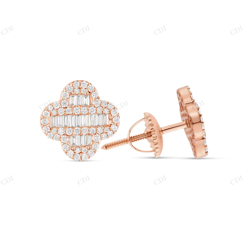 0.85 CTW Baguette & Round Diamond Clover Stud Earrings Stud earrings CustomDiamJewel