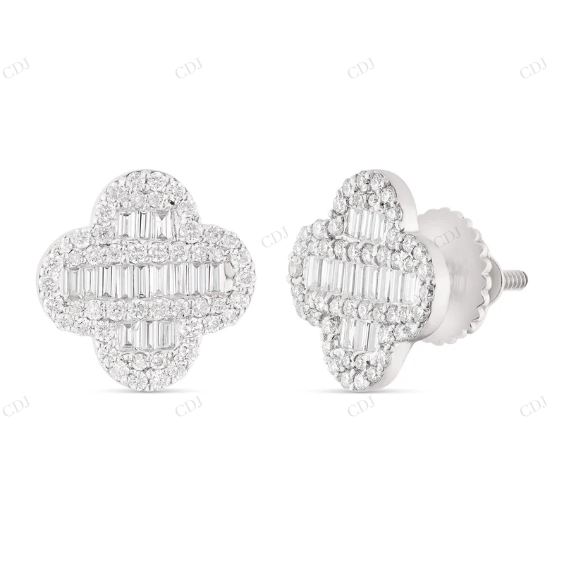 0.85 CTW Baguette & Round Diamond Clover Stud Earrings Stud earrings CustomDiamJewel