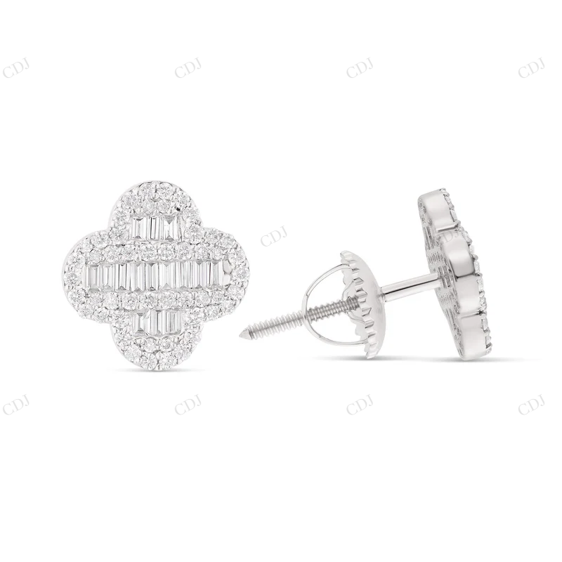 0.85 CTW Baguette & Round Diamond Clover Stud Earrings Stud earrings CustomDiamJewel
