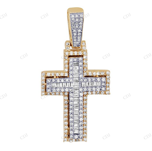10K Yellow White Gold Baguette Lab Grown Diamond Cross Pendant Hip Hop Pendent CustomDiamJewel